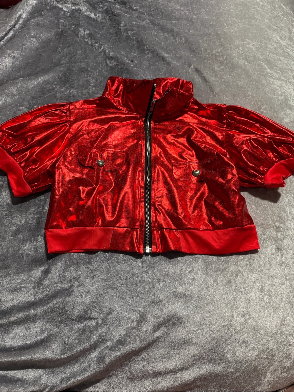 Girls' Shiny Red Short-Sleeve Zip Jacket